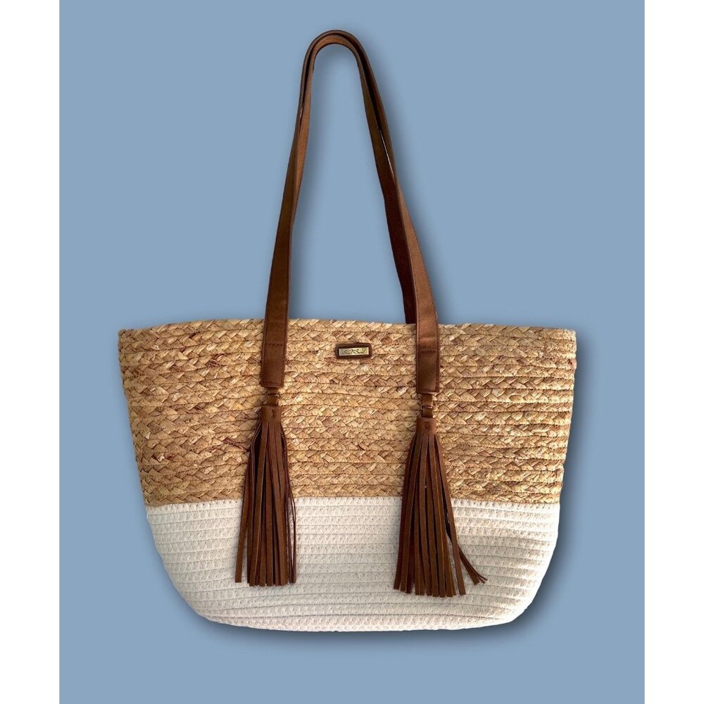Sun N Sand Summer Time Beach Woven Wicker Canvas Shoulder Tote Bag